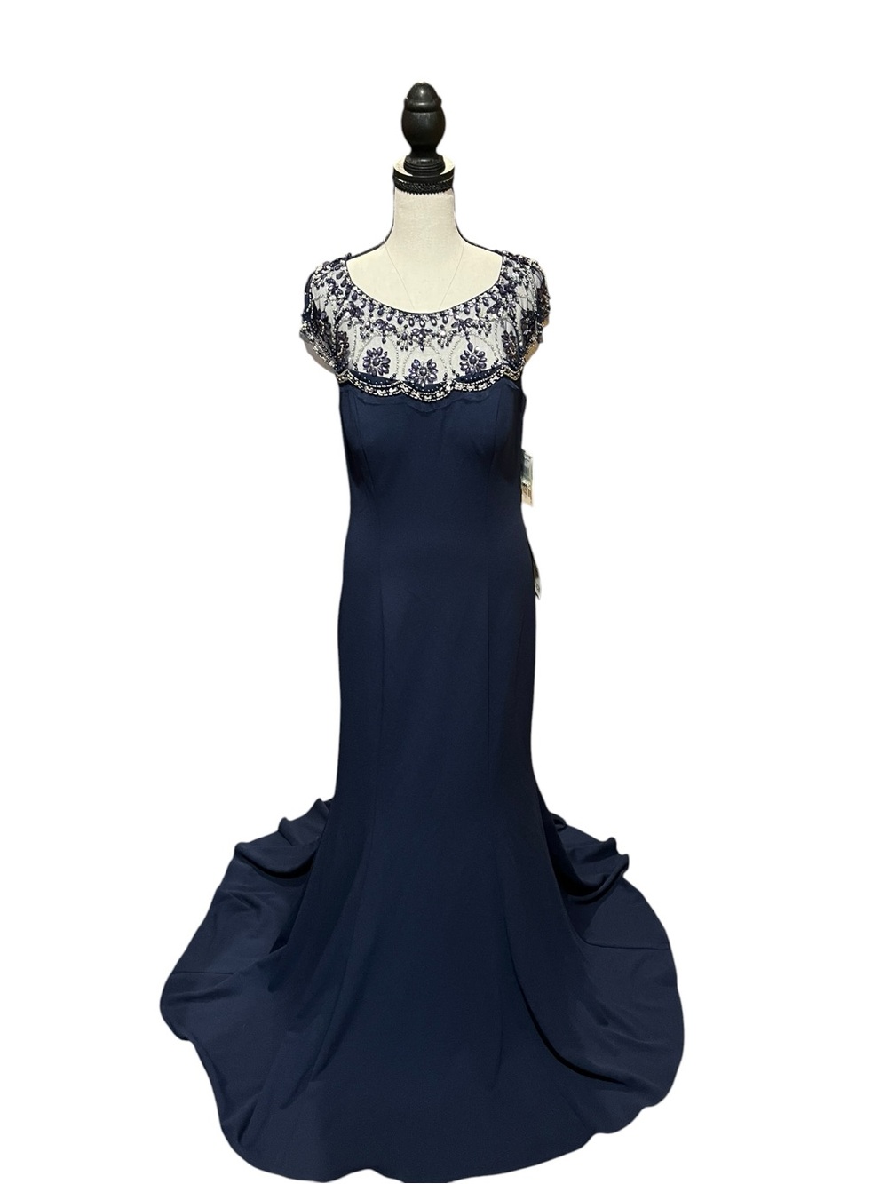 Alex Evenings Navy Beaded Illusion Yoke Evening Gown